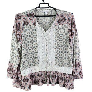 Womens Boho Floral Print Tunic Top Blouse LA Threads Long Sleeve V Neck Size 2X